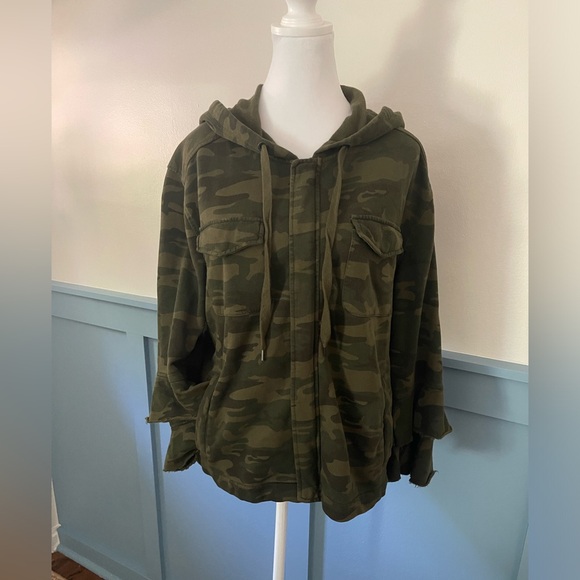 Anthropologie Sanctuary Green Cotton Camouflaged Hooded Bell Long Sleeve Jacket - Picture 4 of 13